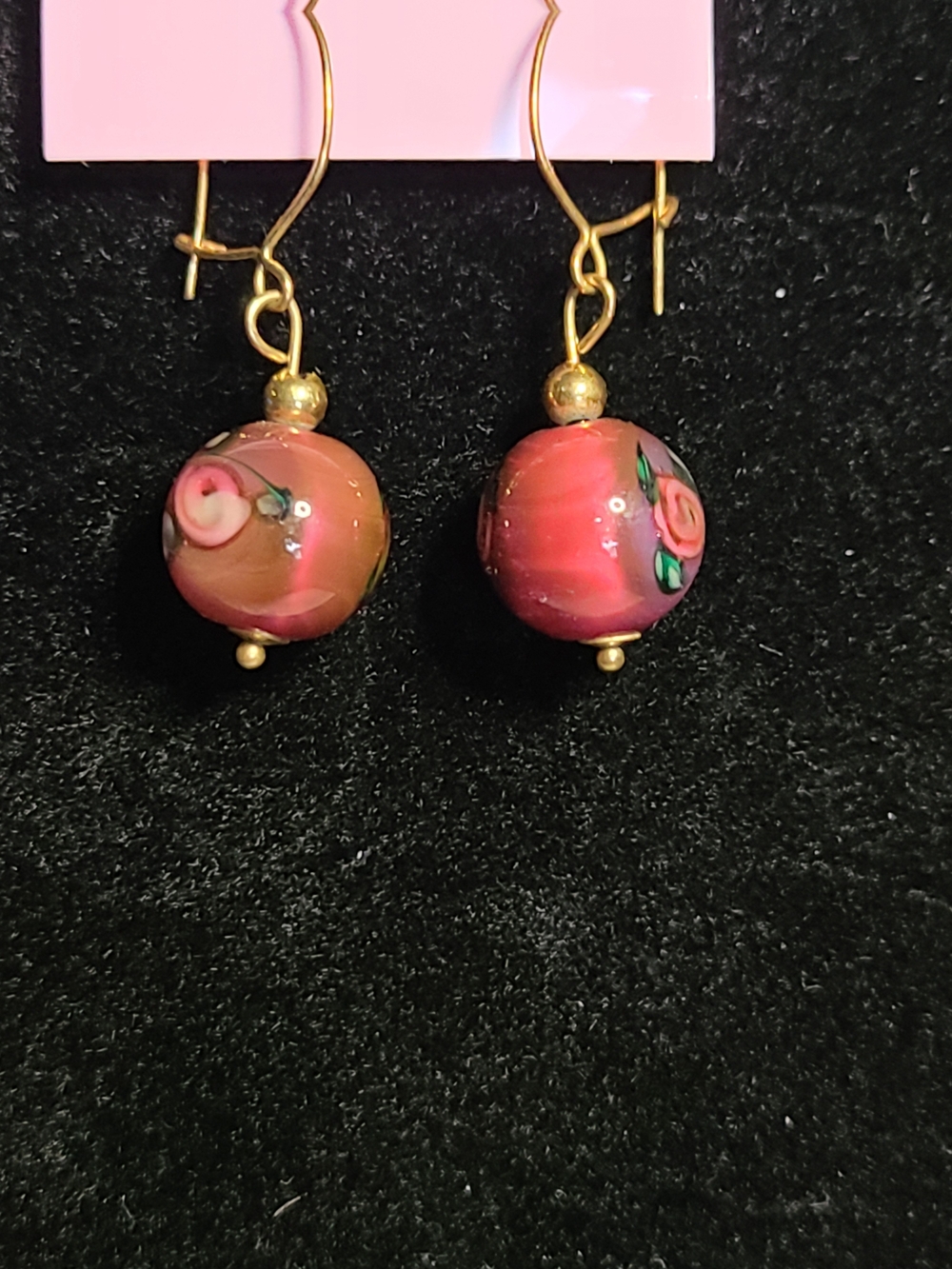 Artisan Pink Floral Swirl Art Glass Bead Drop Earrings